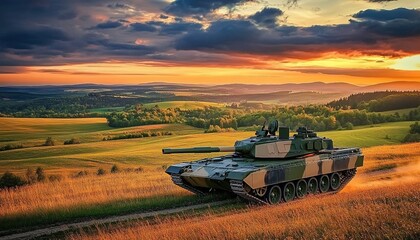 Fototapeta premium Camouflaged tank moving on green field with hills and dusk sky.