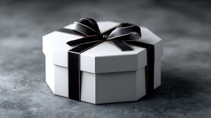 A hexagonal white gift box with a black satin ribbon, centered on a smooth slate gray background.