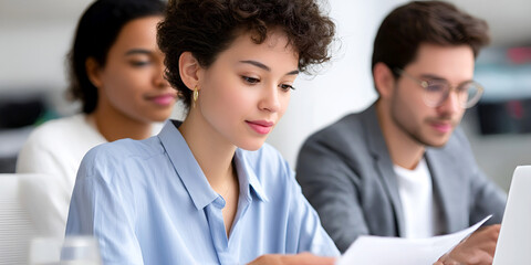 Focused young professionals working with documents in bright modern office setting, team collaboration in progress