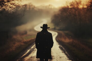 Wayfaring stranger journeying down a winding road at dusk in quiet solitude