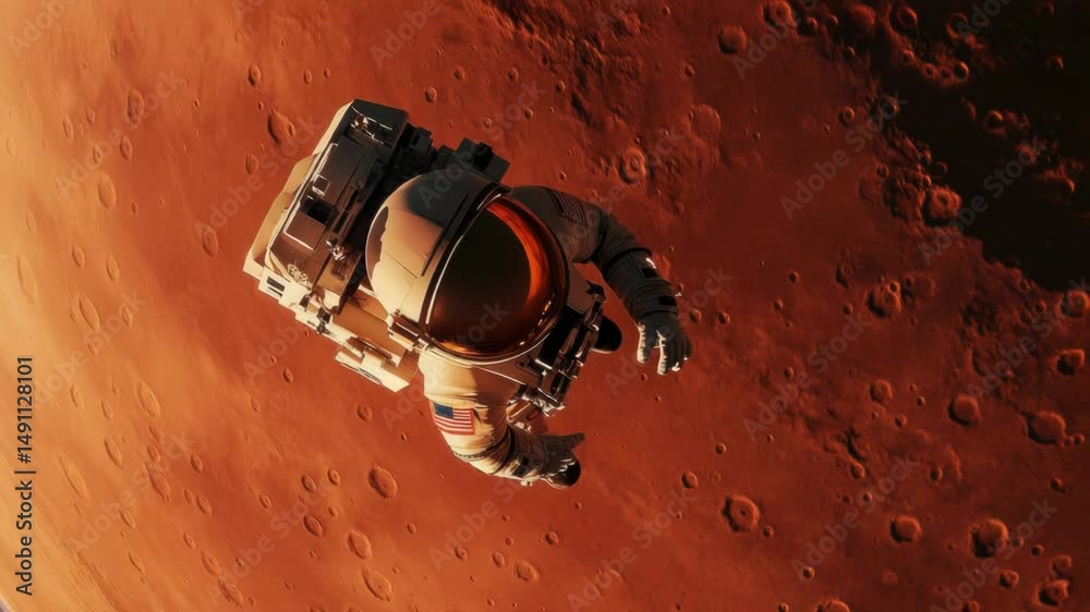 Poster an astronaut stands in front of a reddish planet, possibly mars, in a futuristic scene