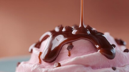 Close-up of a pink ice cream sundae with a drizzle of chocolate sauce on top. the ice cream is soft and fluffy, and the chocolate sauce is dripping down the sides of the sundae.