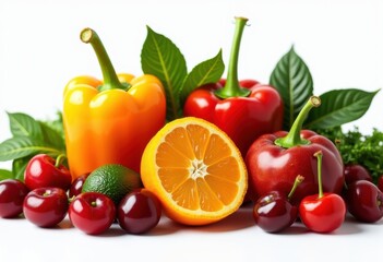 Fototapeta premium vibrant fruit vegetable arrangement colorful display fresh natural ingredients pure white background, basket, edible, healthy, organic, tabletop, composition, shine