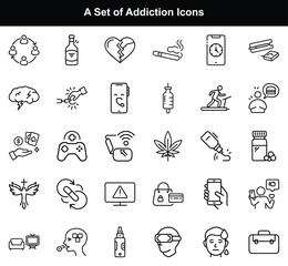 Addiction Icons Set Substance Abuse, Bad Habits, Mental Health – Outline Style
