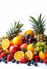 vibrant fruits display above white background colorful fresh organic collection citrus berries tropical apples grapes nature, banana, kiwi, cherry, orange, pineapple