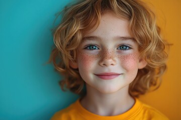 Joyful boy with freckles smiling brightly against vibrant background colors