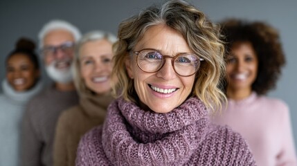 Four senior friends stand together indoors, smiling warmly at the camera. Each person wears a soft, cozy sweater and has a pleasant expression, showcasing a joyful winter gathering atmosphere