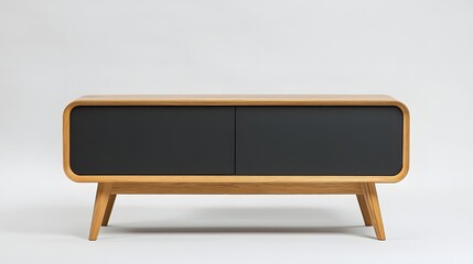 Modern wooden entertainment unit with dark accents.