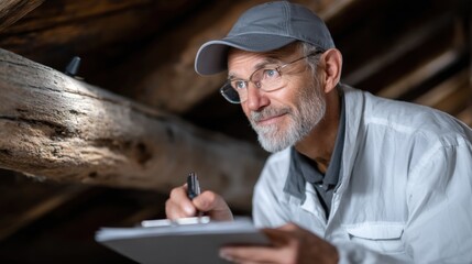 older man with glasses and a cap carefully examines wooden beams in a rustic attic, taking notes on a clipboard in the soft light filtering through the space