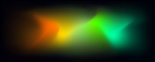 Multicolored lights reflecting smoke or fog on black background. Horizontal blurred pattern of neon lights gradients of clouds or bright colors mixed at night. Abstract pattern illustration.
