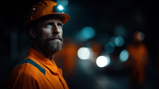 worker in an orange uniform stands under low light, looking up with determination