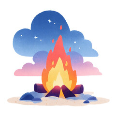Colorful summer icon. Campfire on sand. Flat style clipart isolated on transparent background. Travel and vacation concept. Design for stickers, t-shirts, summer product advertisement.