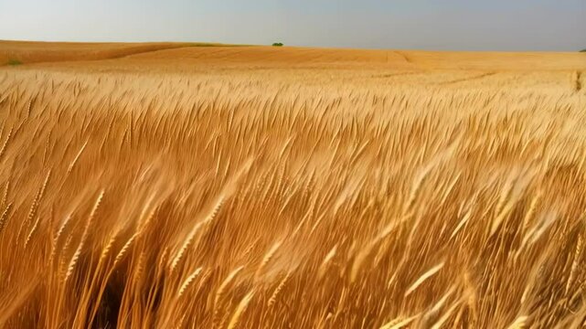 Golden wheat field blowing gently in the breeze on a sunny day, ready to be harvested, farmland landscape in summer, waving pattern