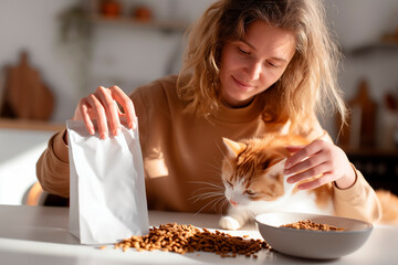 Young woman feeding cats, holding soft white pouch of dry cat food at kitchen table, mockup for pet food branding or advertising, modern bright interior, candid lifestyle moment