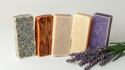 Handmade soap bars in arc arrangement with lavender bundles on a white background.