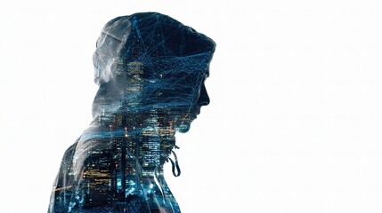 Cybersecurity Expert Silhouette with Data Overlay and Technology Elements