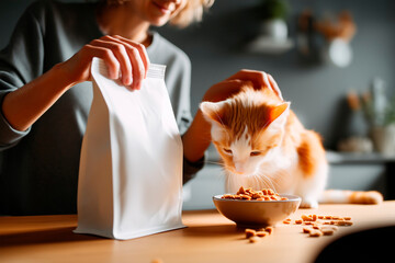 Young woman feeding cats, holding soft white pouch of dry cat food at kitchen table, mockup for pet food branding or advertising, modern bright interior, candid lifestyle moment