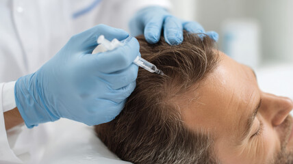 Cosmetic professional treats woman’s scalp in clinical environment, gentle therapy with gloves in relaxing setting