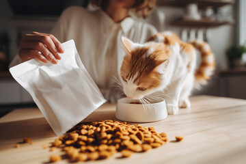 Young woman feeding cats, holding soft white pouch of dry cat food at kitchen table, mockup for pet food branding or advertising, modern bright interior, candid lifestyle moment