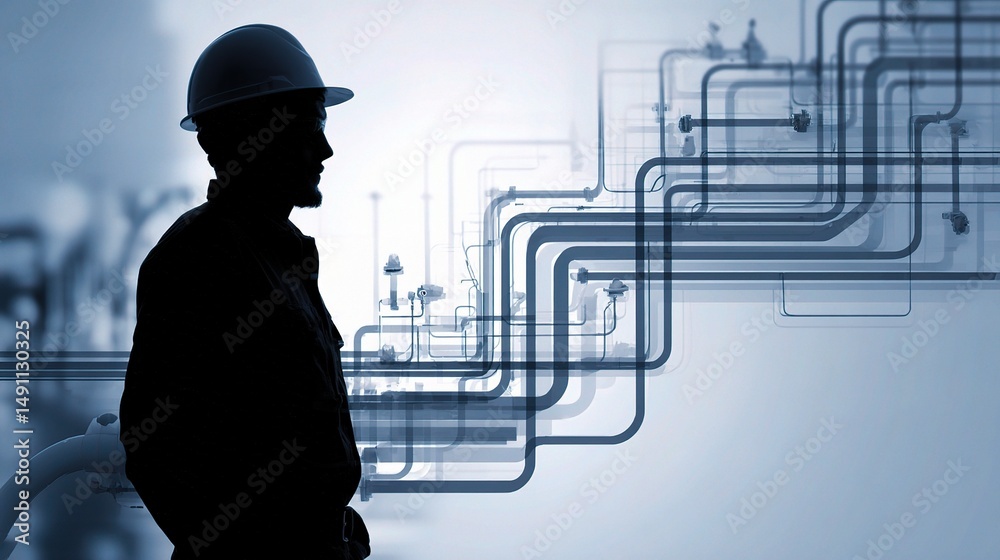 Poster engineer silhouette with flowchart overlay in pipeline concept