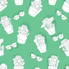 Seamless vector pattern with summer cacti in sunglasses. Stylized plants in glasses and hats on a green background will add childish spontaneity and brightness to any project.
