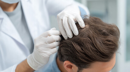 Doctor examining male patient's scalp for hair loss treatment or dermatological condition in medical clinic