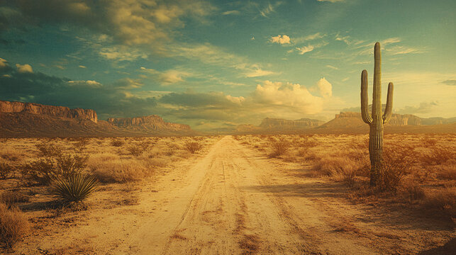 Vintage Desert Road Landscape with Tall Cactus Dramatic Sky and Mountains in Warm Golden Hour Light evoking Nostalgic Western Vibes