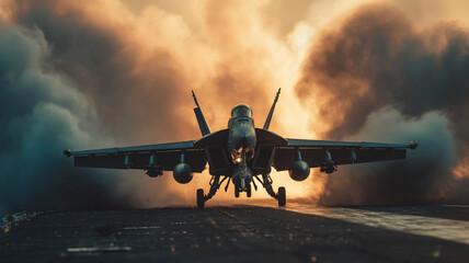 Military fighter jet preparing for takeoff at sunset with smoke clouds rising behind on runway