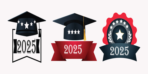 Three Distinct Graduation-Themed Designs Featuring Caps, Stars, and Laurel Wreaths for 2025