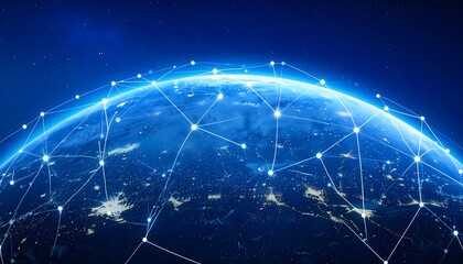 Global network Earth covered in a web of connected nodes against a starry, deep blue background