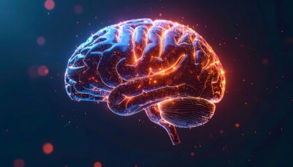 Glowing brain illustration. Blue and orange lights. Conceptual, neurological activity