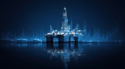 Offshore Drilling Rig Operator at Night with Reflection in Water