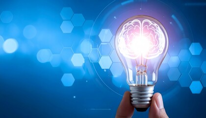 Glowing brain inside lightbulb on a blue tech background held by a hand