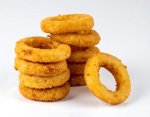 Golden fried rings stacked, crispy batter texture