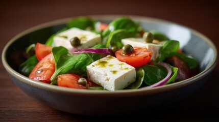 Close-up of a bowl of salad. the bowl is made of dark blue ceramic and is placed on a wooden table. the salad is made up of fresh green leaves, sliced tomatoes, red onions, and feta cheese.