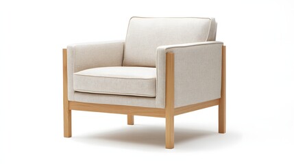 Light beige upholstered armchair with light wooden frame.