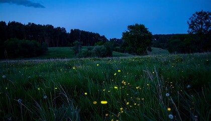 Glowing insects illuminate a meadow under twilight, surrounded by trees and foliage