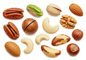 Assortment of various nuts including pecan pistachio almond and cashew displayed on a white surface