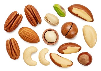 Obraz premium Assortment of various nuts including pecan almond pistachio and brazil nut displayed on a white surface