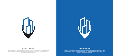 Modern Real Estate Logo with Abstract Skyscraper and Location Pin – Flat Vector Icon for Property, Construction, and Urban Business Branding