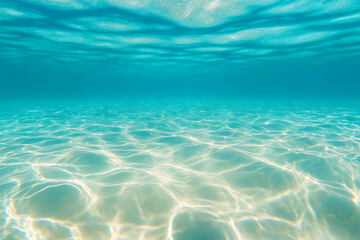 Underwater view of turquoise ocean water with sunlight reflecting on the sandy seabed surface