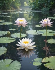 Delicate watercolor water lilies, serene garden scene , plant, blossom, floral