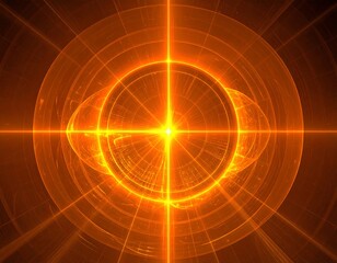 Golden concentric circles emanate light, forming cross-like rays on dark background