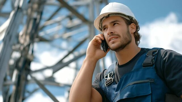1_Technician Installing Lightning Rod on Tower Under Cloudy Sky