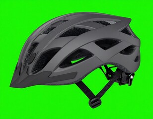 Gray cycling helmet featuring sleek design, adjustable strap, on vibrant green background