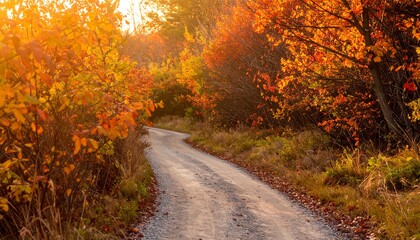 Gravel path through autumn leaves, bathed in golden sunlight. Serene