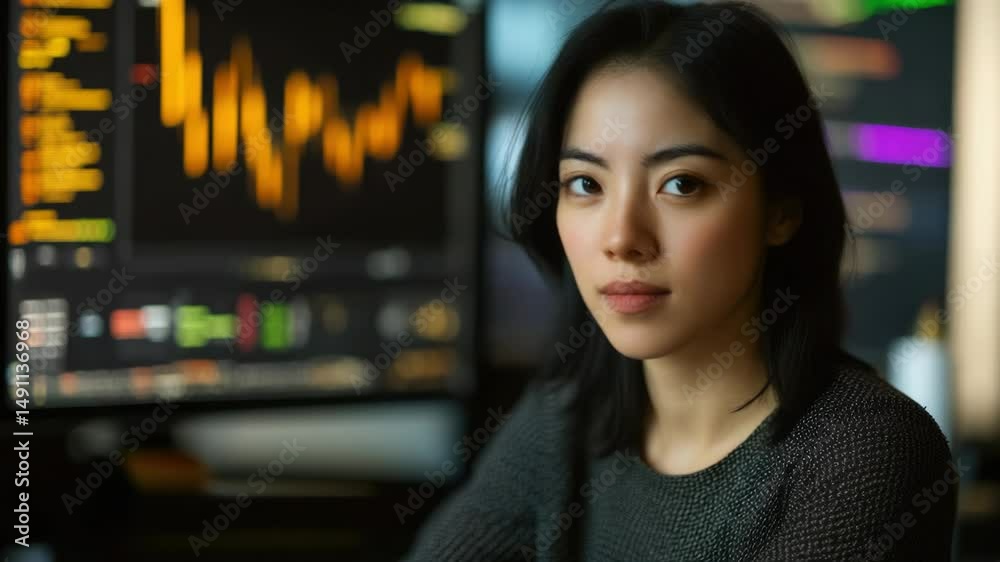 Poster A woman sits in front of a computer monitor with a focused expression