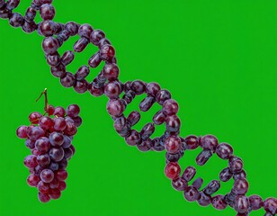 Grapes forming a DNA strand, with a bunch of grapes to the side. Green background