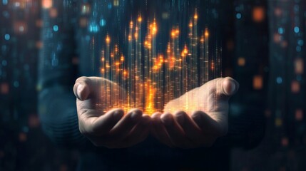 Digital Data Stream in Hands Futuristic Technology Abstract Glow Orange Lines Network Innovation Art