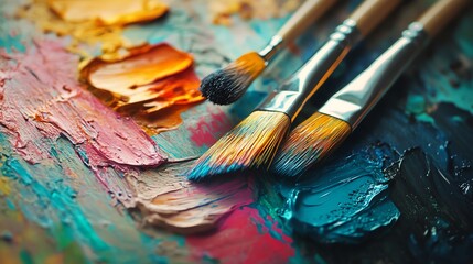 Fototapeta premium A vibrant artists palette overflows with colorful paints.